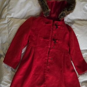 Chic Red Kids Pea Coat with Faux Fur Trim